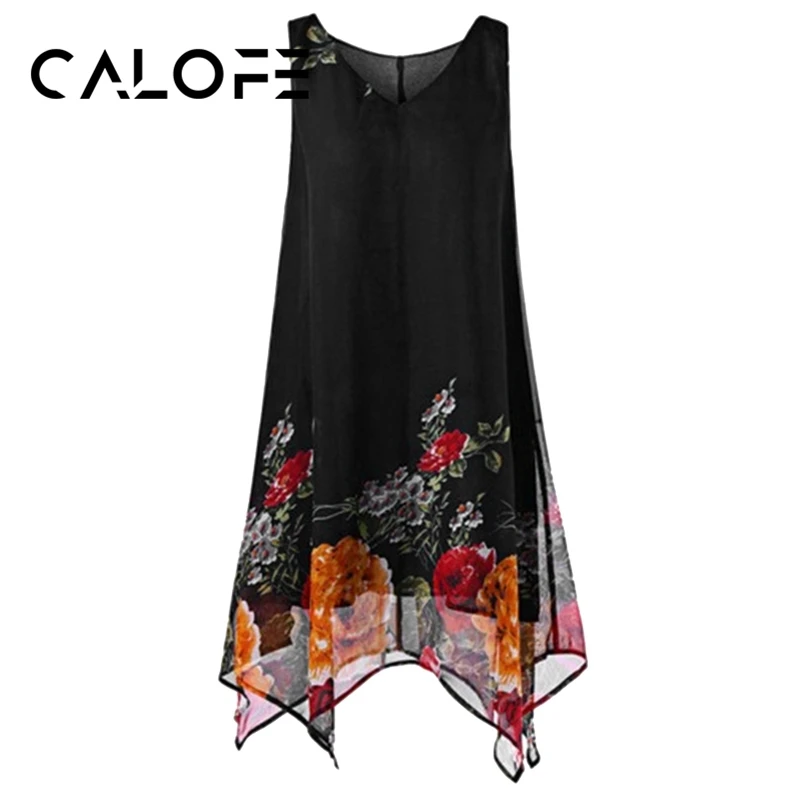 

CALOFE Women Dress Plus Size 5XL Print Chiffon Dress For Women Sleeveless Vintage Summer Sundress Loose Beach Dresses Vestidos