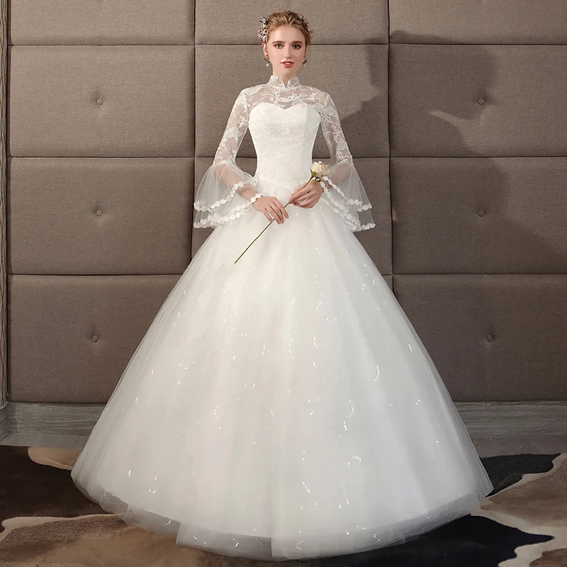 

ruthshen 2019 New Arrival Wedding Dresses High Neck Transparent Bridal Gowns Long Flare Sleeves Princess Ball Gown Bridal Dress