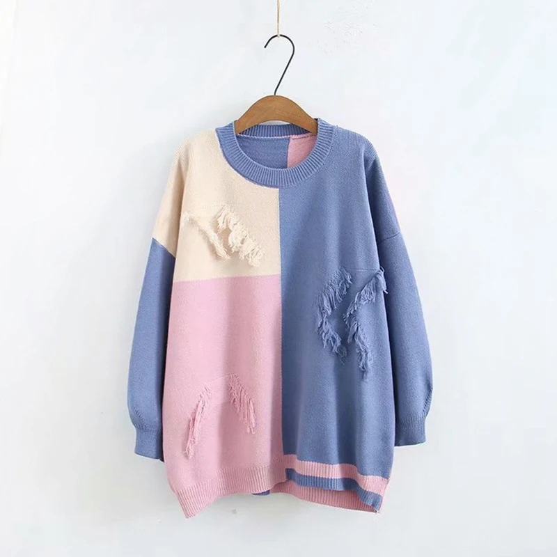 Patchwork Women Sweater Plus Size Casual Round Neck Loose Long Sleeve Hole Tassel Knitted Sweaters Pullovers  KKFY2899