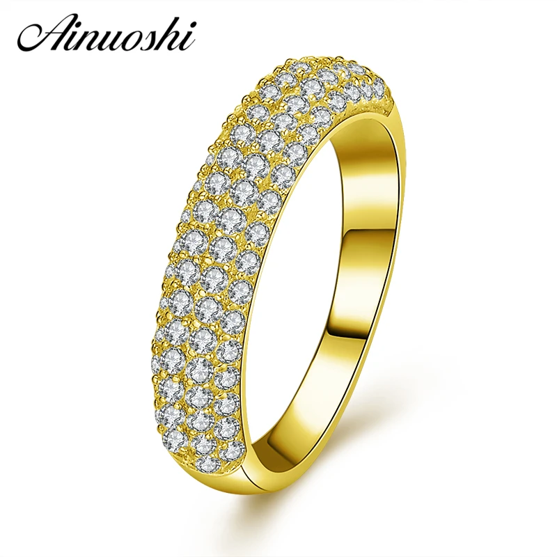 

AINUOSHI 10K Solid Yellow Gold Ring 4 Rows Drill Shinning CZ Cluster Ring Luxury Bridal Band Bague Engagement Women Jewelry