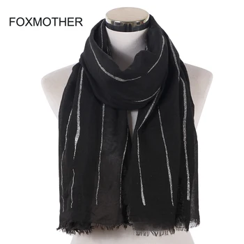 

FOXMOTHER New Fashion Shiny Black Grey Color Striped Scarves Fringe Muslim Shawl Shimmer Glitter Wrap Head Hijab Scarfs Women