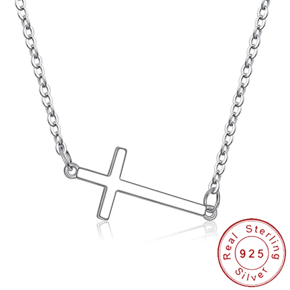 Изысканное Настоящее 925 пробы Серебряное Горизонтальное боковое ожерелье с крестом простое Распятие ожерелье знаменитостей вдохновленное ювелирное изделие SN011
