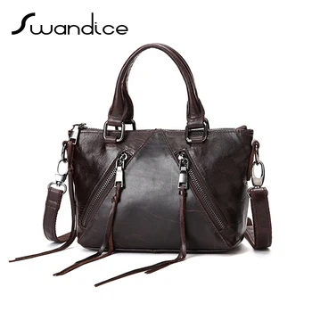 

Vintage Oil Wax Genuine Cow Leather Zipper Tassel Patchwork Handbags Crossbody Messenger Shoulder Bags Women Crazy Horse Leather
