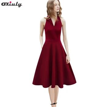 

Oxiuly Special Occasion Womens Elegant Vintage Solid Burgendy Button Down Sexy Sleeveless A-Line 2017 Work Office Dress