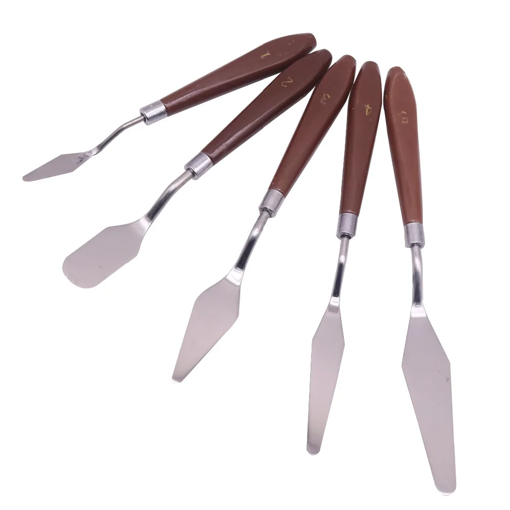 1 Set Of 5 Sticks Wooden Handle Oil Knife Professional Artist Painting
