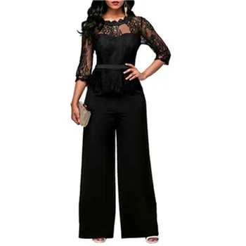

Adogirl Women Bodysuit Black O-Neck 2018 Stylish Lace Patchwork Wide Leg Pants Loose Jumpsuits Manche Longue Combinaison