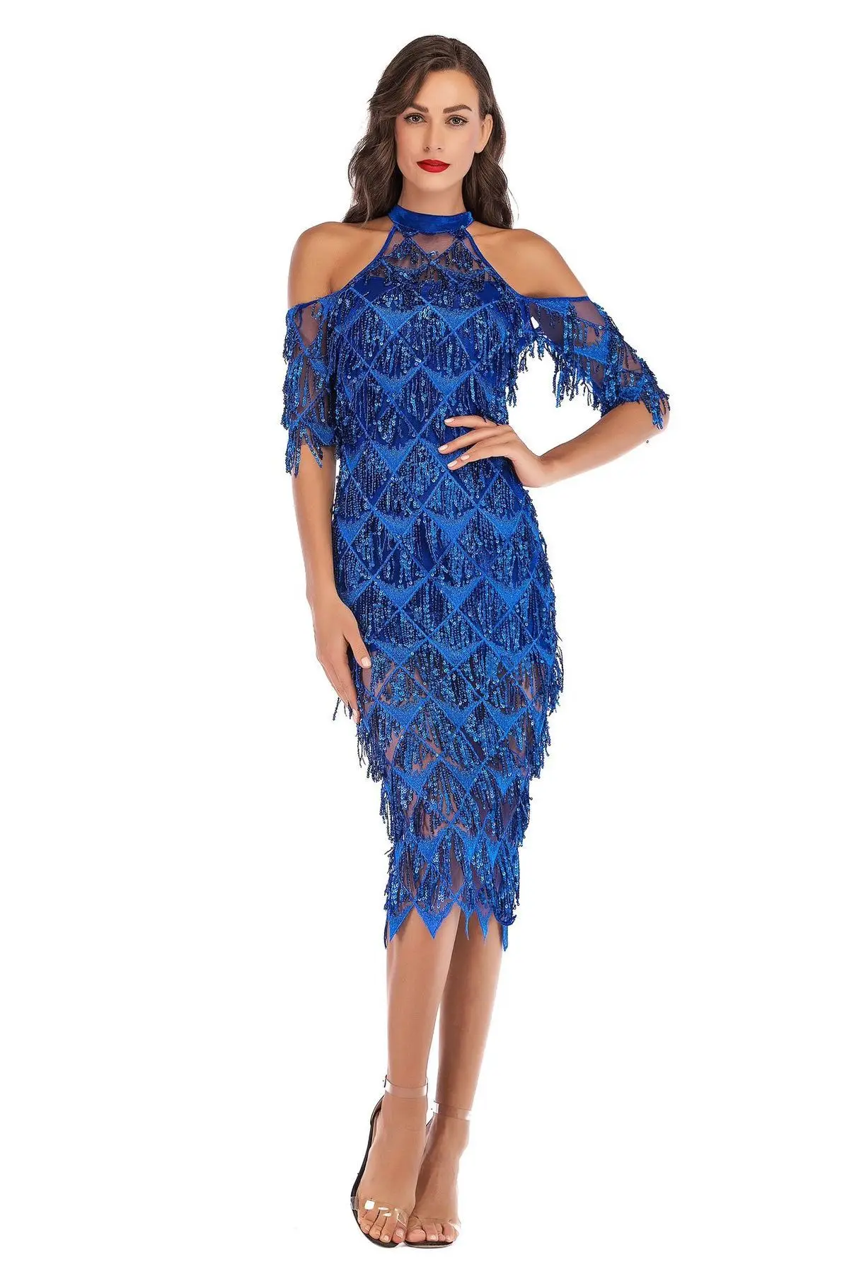 DRESSMECB, Осенние вечерние платья, элегантные платья миди с блестками и кисточками, женские рождественские платья с открытыми плечами и разрезом, Vestidos - Цвет: Blue