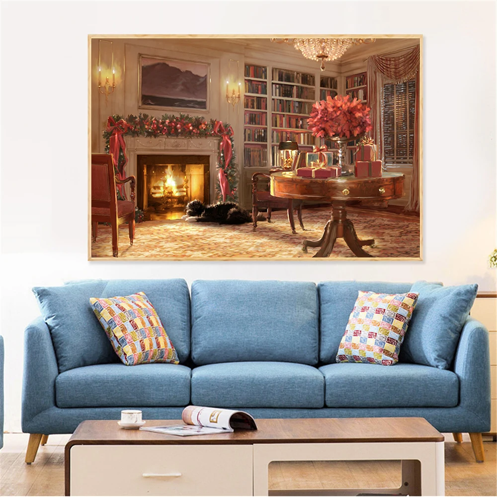 Pared Arte Cartel Arbol De Navidad Regalos Chimenea Casa De Noche
