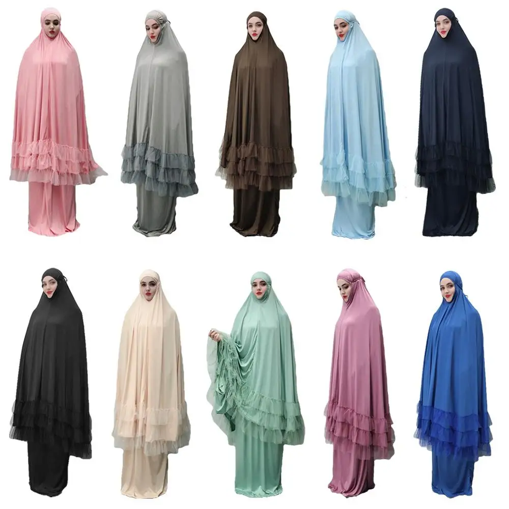 2 Piece Women Prayer Hijab Dress Dubai Muslim Khimar Jilbab Overhead Abaya Clothing Ramadan Skirt Kaftan Solid Color Set Islamic