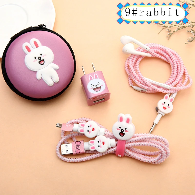 RACAHOO Cartoon USB Cable Earphone Protector Case Set With Cable Winder Stickers Spiral Cord Protector For iphone 5 6 6s 7plus9