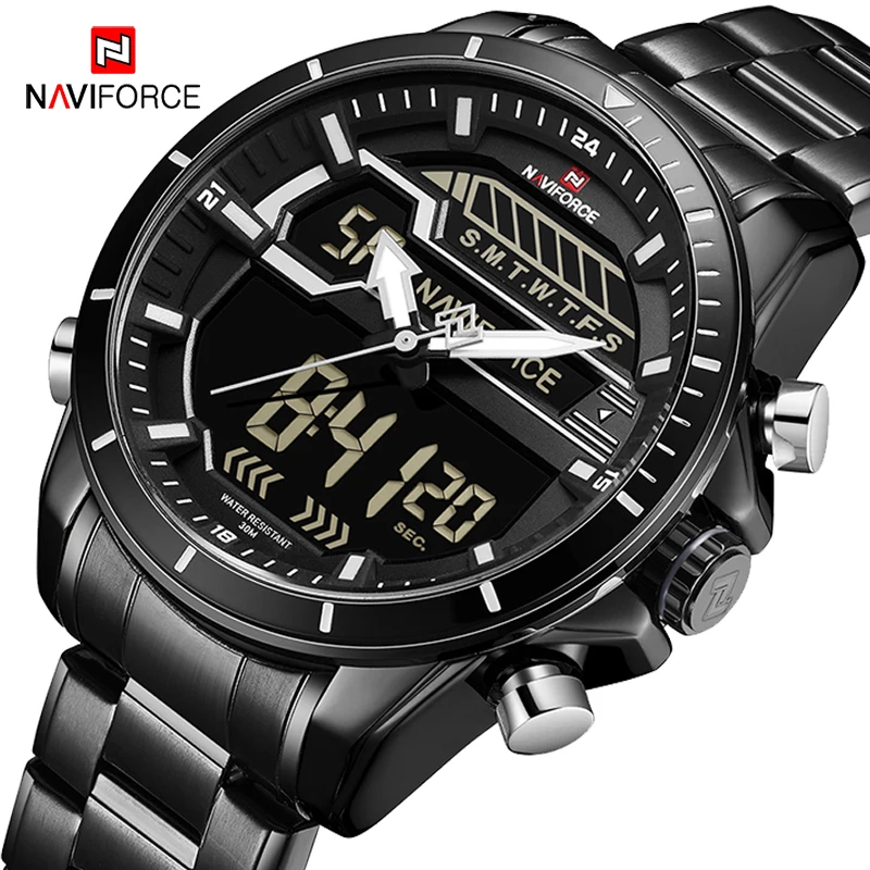 

2019 NEW NAVIFORCE Brand Luxury Quartz Men's Watches Black Full Steel Belt Quartz Dual Display Digital Wristwatches Waterproof