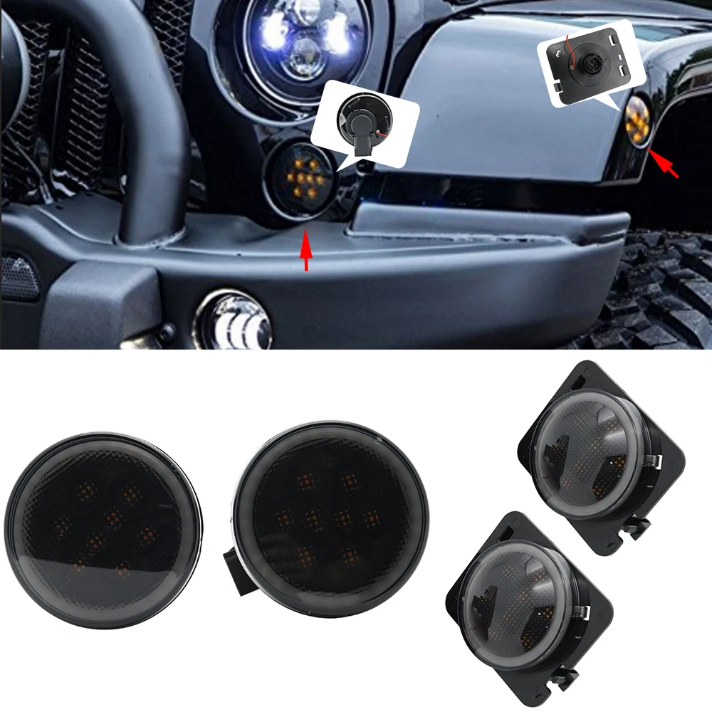 For 2007-2017 Jeep Wrangler JK Smoke Lens White Halo Ring Amber LED Front Turn Signal Light + Fender Side Marker Parking Lamp (56)