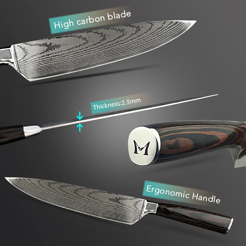 Kitchen knife Chef Knives Japanese 7CR17 440C High Carbon Stainless Steel Imitation Damascus Sanding Laser Knife Dropship