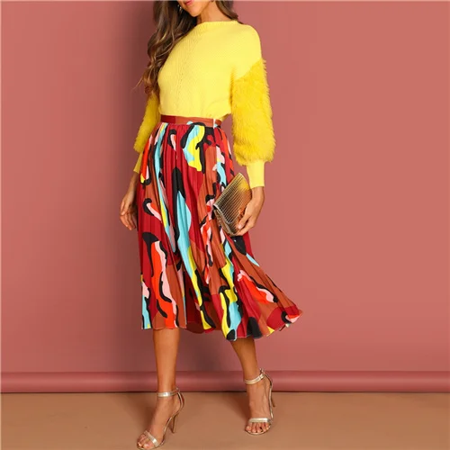 SHEIN, многоцветная плиссированная длинная юбка с графическим принтом и высокой талией, Женская Осенняя коллекция, повседневные цельнокройные юбки - Цвет: Многоцветный