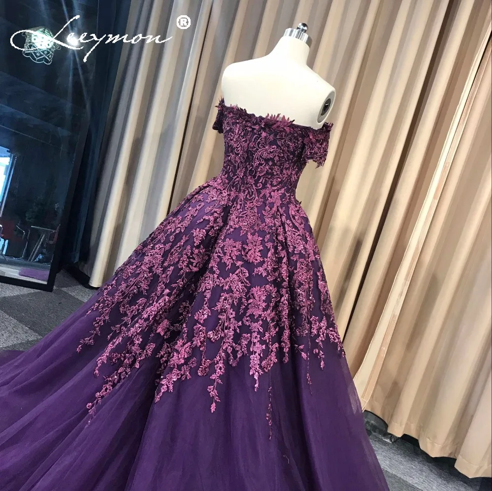 Purple Vestidos de Noiva Ball Gown Lace Evening Dress Long Off Shoulder Tulle Puffy Bride Gowns Casamento Mariage