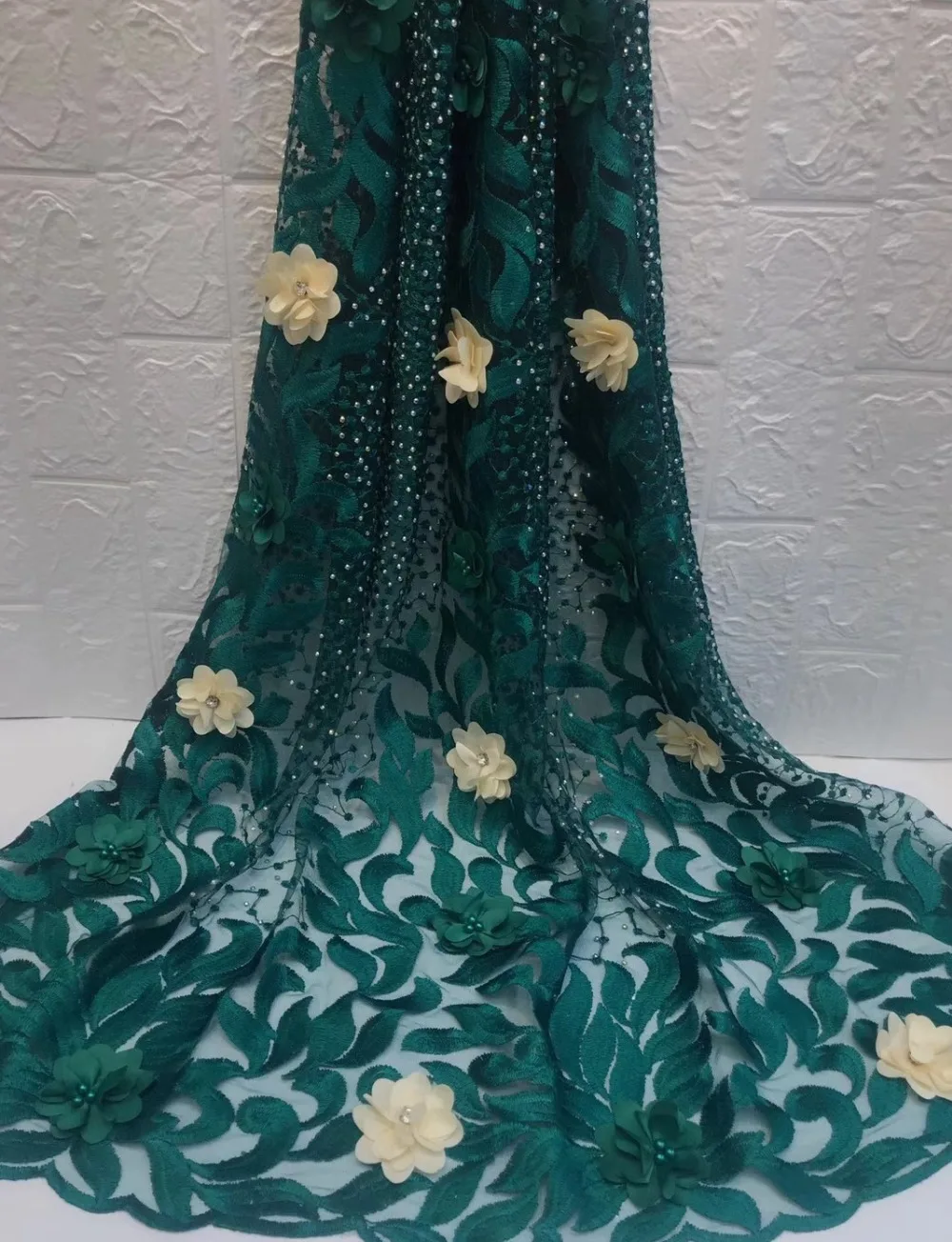 Embroidery Mesh Fabric 3d Flower Nigerian Tulle Lace Fabric Teal