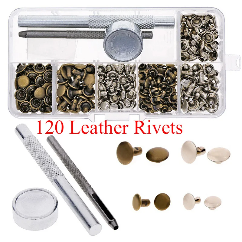 

120 Sets/Pack Leather Rivets Leather Repairing Decor Rivets Metal Leather Craft with Fixing Tools Kit Replacement Tool #254973
