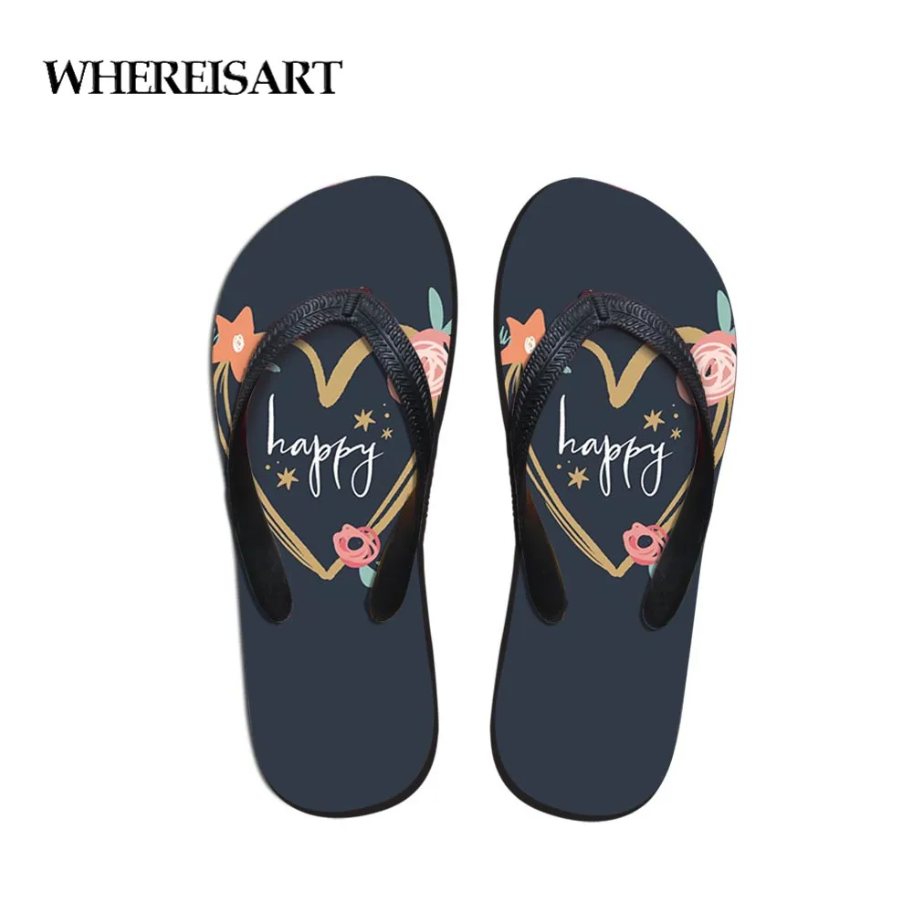 

WHEREISART Casual Slippers House Slippers Women Floral Design Home Vector Heart Flip Flops Pool Shower Women Flat Shoes