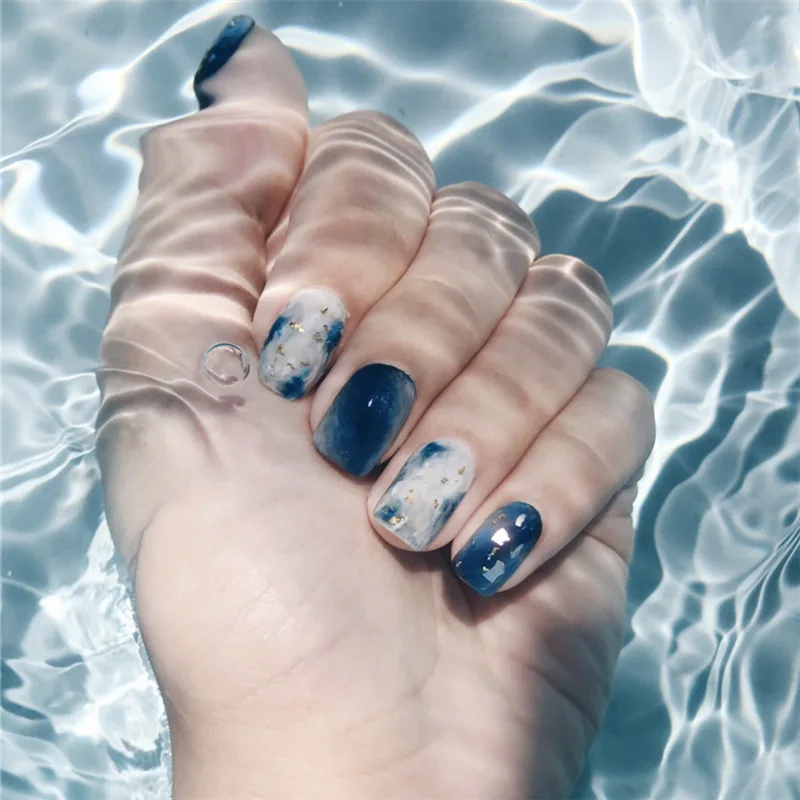 24 шт., Модные накладные ногти с клеем для женщин, сделай сам, дизайн ногтей, мрамор, синий океан, размазывание, искусственные ногти, накладные ногти, TN