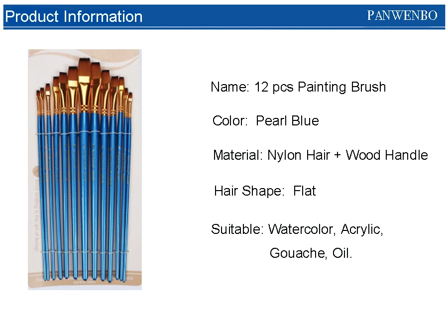12 шт. смешанный размер плоская головка кисти для рисования Синий нейлон кисти для рисования для канцелярские творческие принадлежности