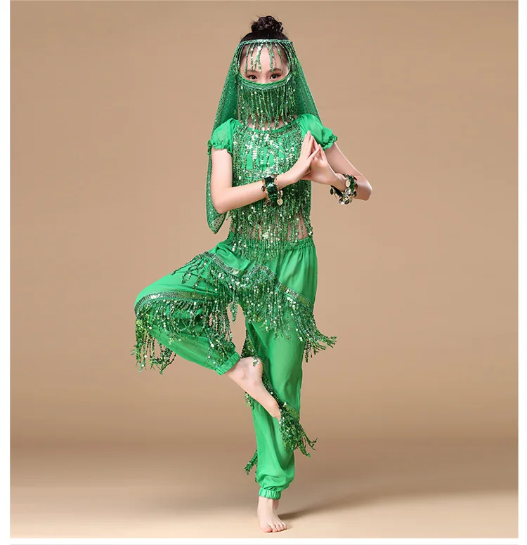 Индийский танец для детей, комплект из 5 предметов(Топ, пояс, брюки, лицевая вуаль и головные уборы) болливудские танцевальные костюмы для девочек - Цвет: Green