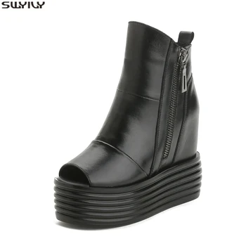 

SWYIVY Genuine Leather Ladies Peep Toe Ankle Boots Casual Platform Sneakers Black 2019 Woman Boots Autumn Shoes Woman 2019 New