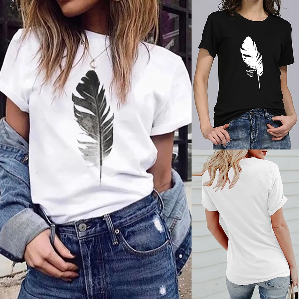 

2019 New Women T-shirts Casual Love Printed Tops Tee Fashion Women's Loose Short-Sleeved Leaf Print Casual O-Neck Top 0514