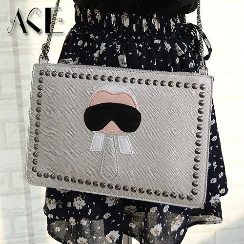  New Cartoon design personalized fashion Lafayette rivets envelope bag clutch purse handbags casual shoulder bag black & silver 