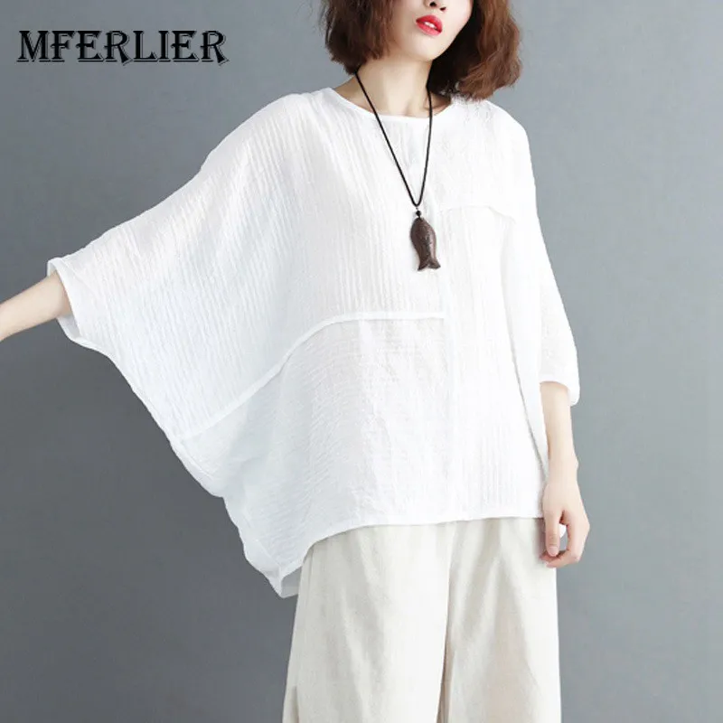 

Mferlier Summer Solid Spliced Women Blouses O Neck Batwing Sleeve Cotton Linen Female Loose Casual White Blouse