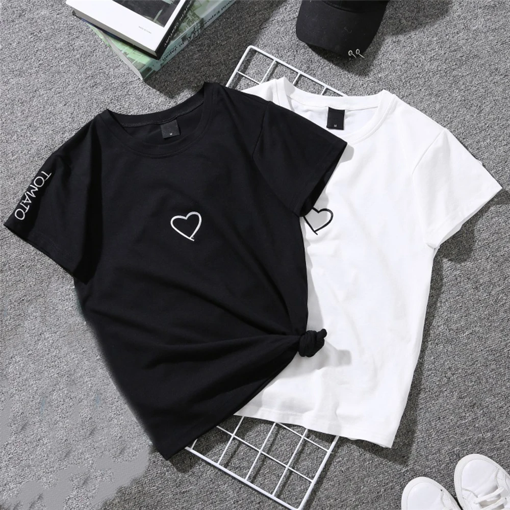 

2019 Summer Couples Lovers T-Shirt For Women White Casual Tops Women's T-Shirt Love Heart Print Embroidery Ladies T-Shirt