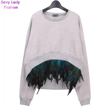 

Removable Stitching Feather hem Pullovers Sweatshirt New Women Irregular Hem Long Sleeve Hoodies Sweats Jumpers Femme 3 colors
