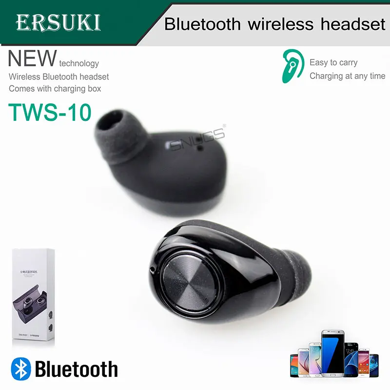 Ersuki двойные Bluetooth наушники TWS10 настоящие беспроводные мини наушники в ухо стерео гарнитура наушники с зарядным гнездом для телефонов