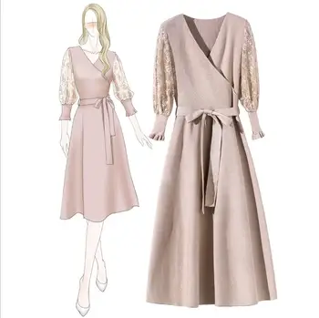 

New temperament V-neck lace Lantern Sleeve long slim fashion casual party knit dress female autumn