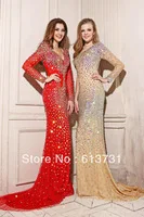 2013 Amzaing V Neck Red Green Rhinestones Beaded and Crystals Court Train Mermaid Evening Dresses With Long Sleeves 21095