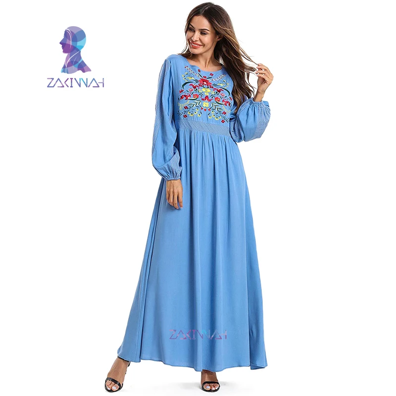 

7599 Long-sleeved Embroidered Dress round collar Muslim Plus Size Islamic Wear Bangladesh Robe Kimono Turkey Dubai Women Abaya