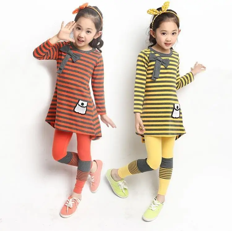 

2017 Spring Autumn Europe America New Girls Sports Suit Striped Long-sleeved T-shirt + Legging
