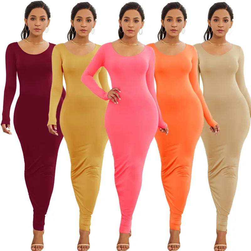 

Women Long Sleeve O Neck Solid Bodycon Long Dress Spring New Simple Sexy Robe Package Hip Maxi Dresses Elegant Stretchy Vestidos