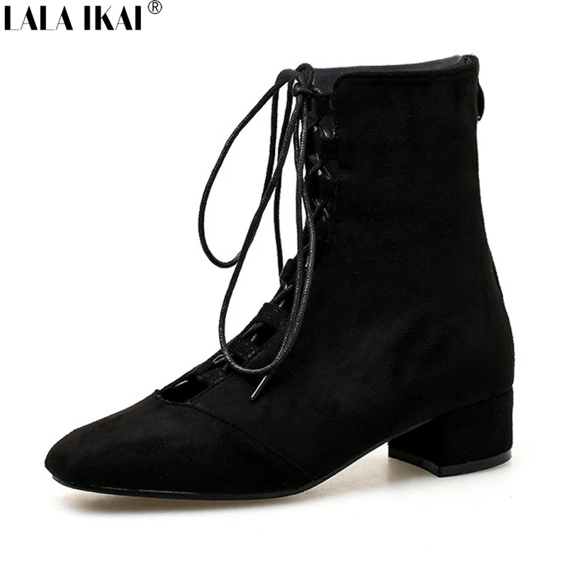 

LALA IKAI Women Autumn-Winter Flock Boots Med-Heeled Square Toe Cross Lacing Ankle Boots Lace-Up Zip Ladies' Shoes XWC2310-5