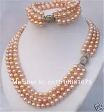 3 Filas 7-8mm Collar de Perlas akoya Rosado Bracele18’txu54