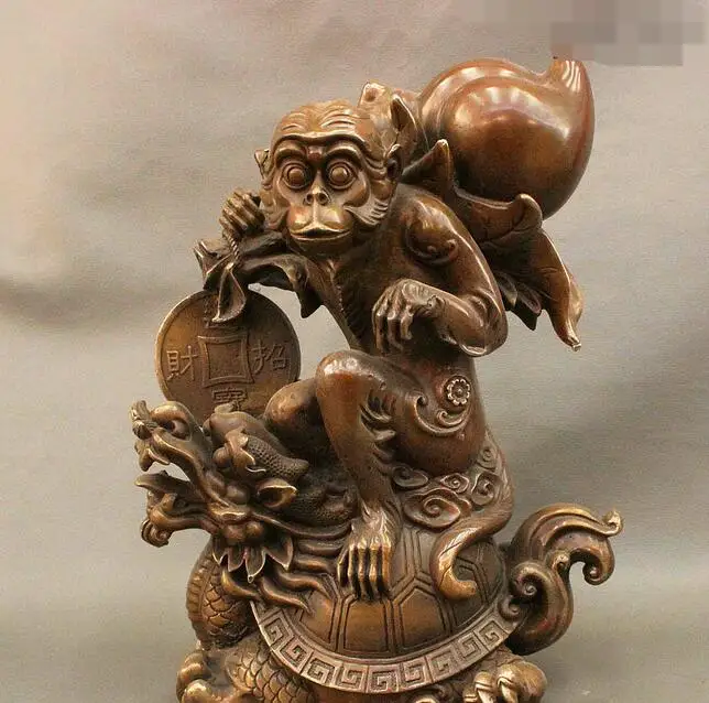 

free 14" Folk Chinese Bronze Copper Wealth Coin Peach Monkey Ride Dragon Turtle Statue fast