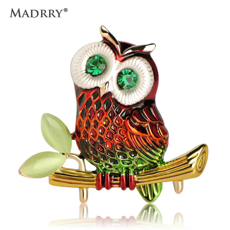 

Madrry Enamel Esmalte Owl Shape Brooches Opal Crystals Red Color Corsage Women kids Party Scarf Hat Sweater Adornment Hijab Pins