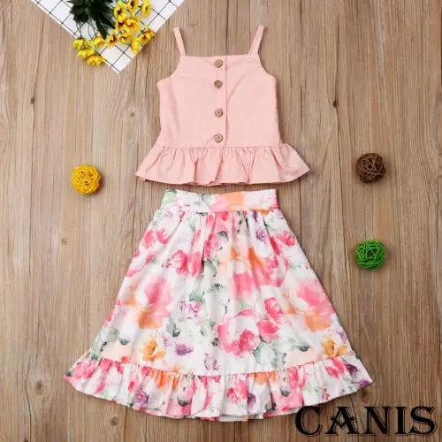 

Canis Toddler Kid Baby Girl Strap Blouse Tops Floral Skirt Outfits Set Clothes Children's Rug Sleeveless Tops Flowers Skirts