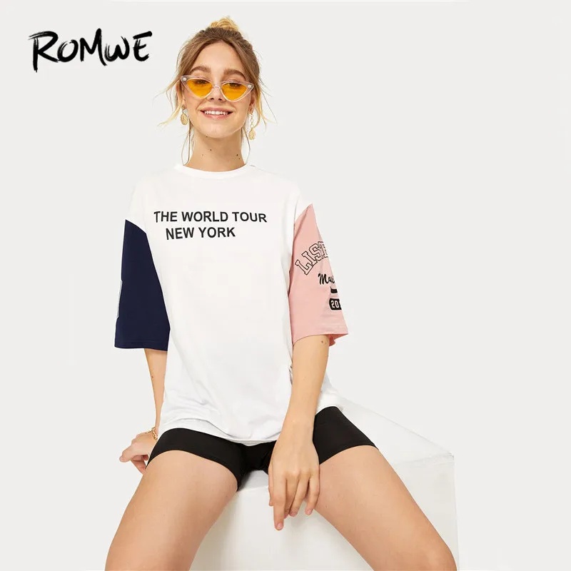 ROMWE/Женская белая футболка в стиле хип-хоп с круглым вырезом и половинчатым рукавом, для отдыха, с цветными блоками,, с буквенным принтом, с заниженным плечом, летние футболки для мальчиков