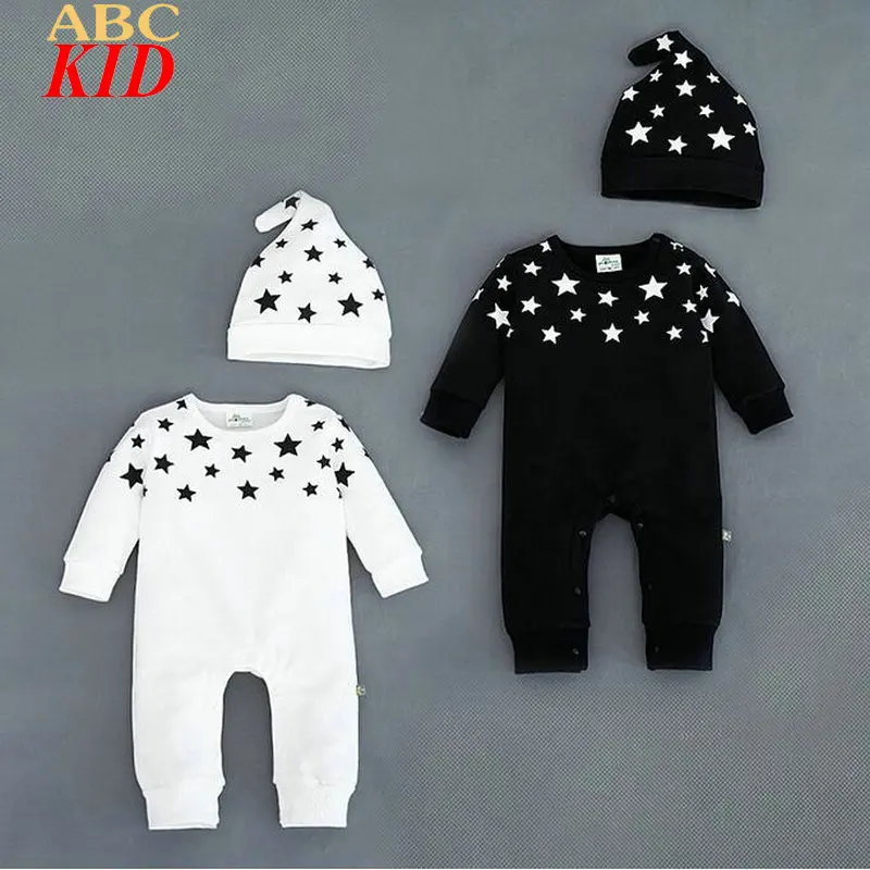 

Spring New Long Sleeve Bodysuits Baby Boy Girl Bodysuit + Hat Quality Stars Print Onesie Infants Costume Toddler One Piece KD564