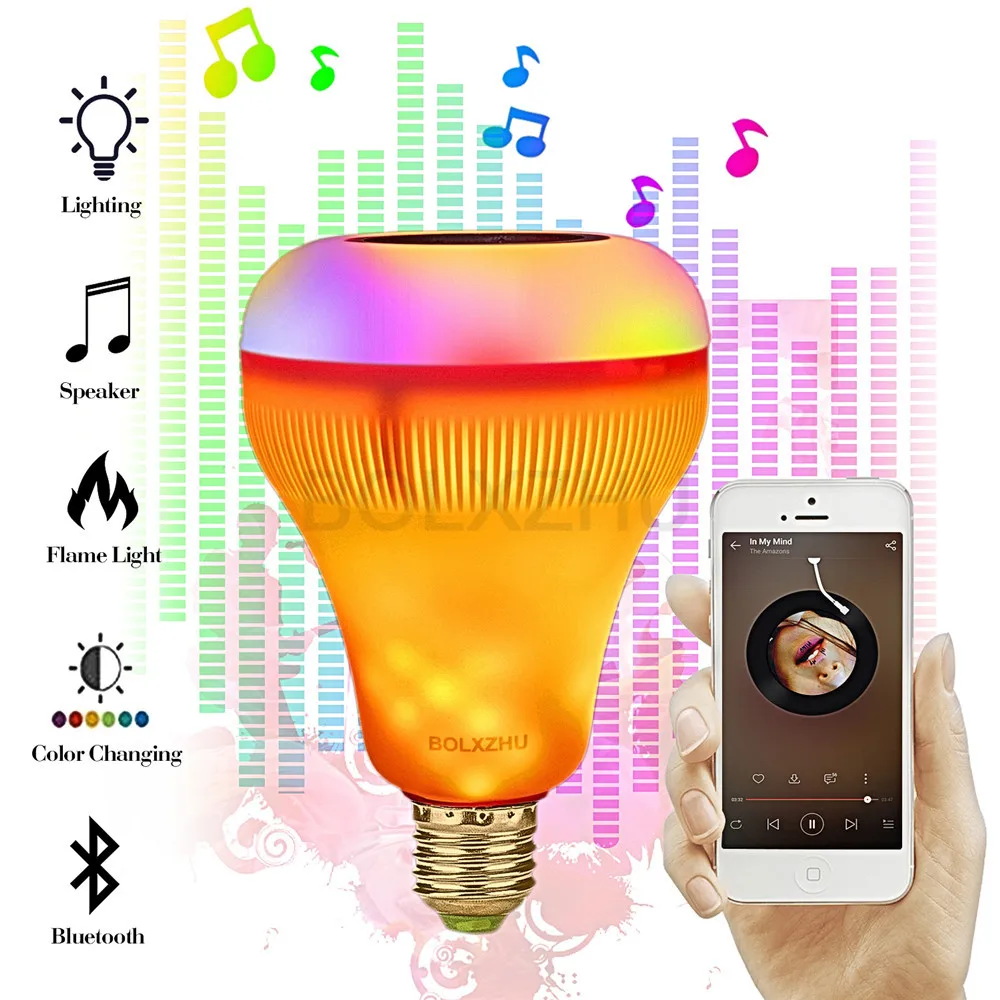 

Wireless phone Bluetooth Speaker LED RGB Music Bulb with Flame Effect Light E27 led RGB Light Music Playing Lamp