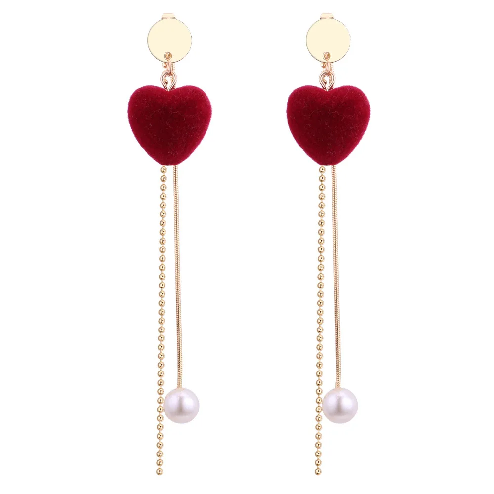 

New Arrival Korean Fashion Velvet Heart Long Earrings Girl Party Jewelry Simple Gold Chain Imitation Pearl Dangle Drop Earring