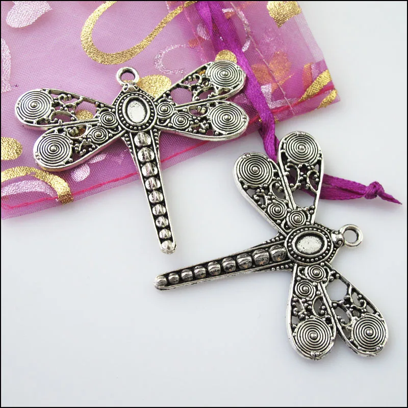 1Pc Antiqued Silver Tone Flying Dragonfly Animal Charms Pendants 53x59mm