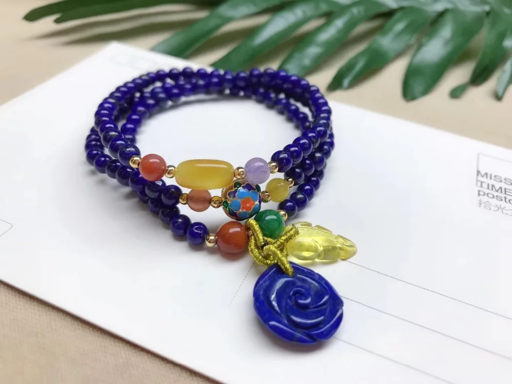 

4.3mm Genuine Natural Lapis Gemstone Bracelet with PendantFor Woman Female Gift Crystal Stretch Gift 3 laps Bracelets AAAAA
