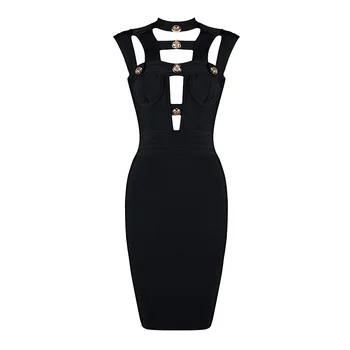 

Vestidos Sexy Hollow Out Black Bandage Dress Women Designer Button Elegant Party Dress