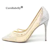 Carollabelly Brand Heels Sheepskin Bling Silver Pumps Pointed Toe Women High Heels Mesh Party Wedding Stiletto Shoes Thin Heels